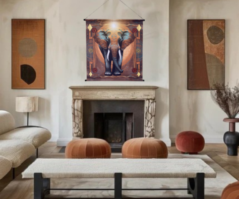 Tenture murale animal totem Eléphant lumière livrée avec attache murale 