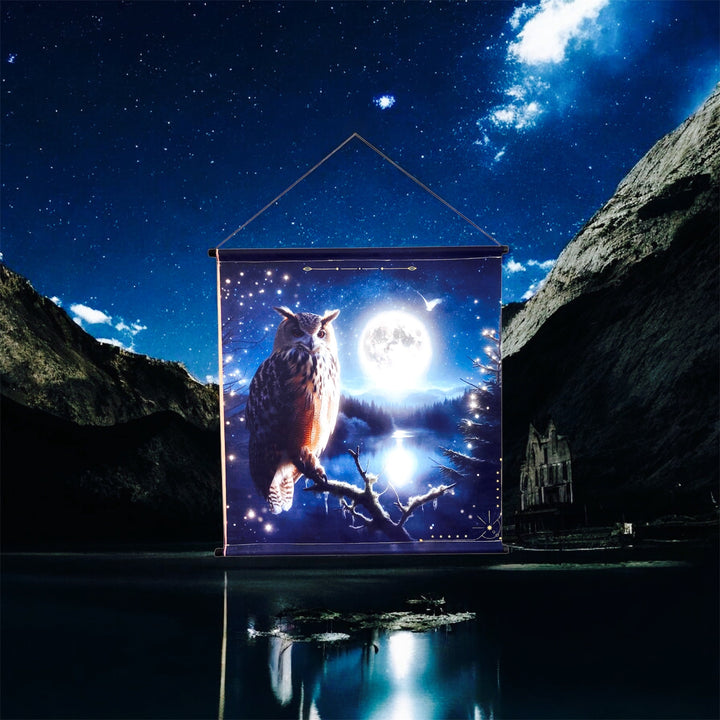 Tenture murale animal totem Hibou-Chouette et Lune livrée avec attache murale