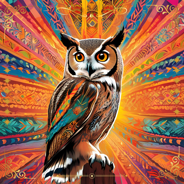 Tenture murale animal totem Hibou-Chouette coloré livrée avec attache murale
