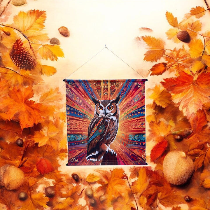 Tenture murale animal totem Hibou-Chouette coloré livrée avec attache murale