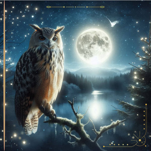 Tenture murale animal totem Hibou-Chouette et Lune livrée avec attache murale