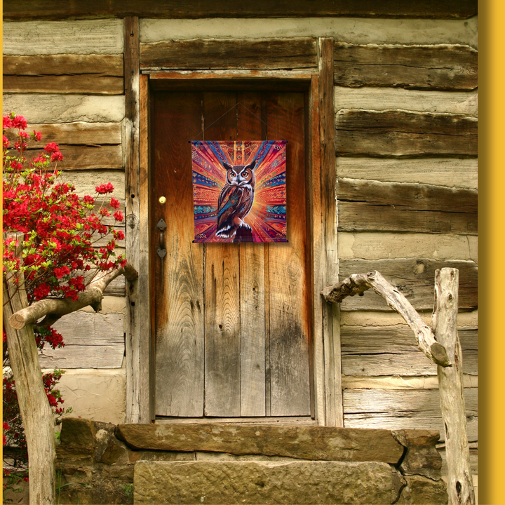 Tenture murale animal totem Hibou-Chouette coloré livrée avec attache murale