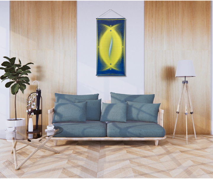 Tenture murale géométrie sacrée vesica bleu et jaune avec attache incluse