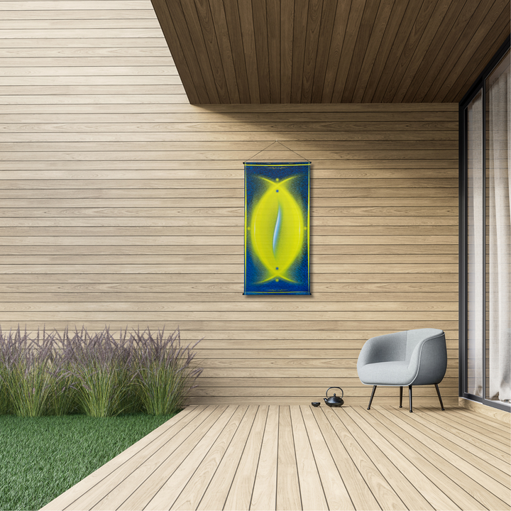 Tenture murale géométrie sacrée vesica piscis bleu livrée avec attache murale