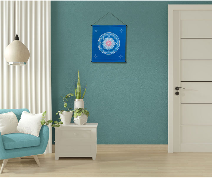 "Tenture murale geométrie sacrée Fleur de vie bleu avec attache incluse"
