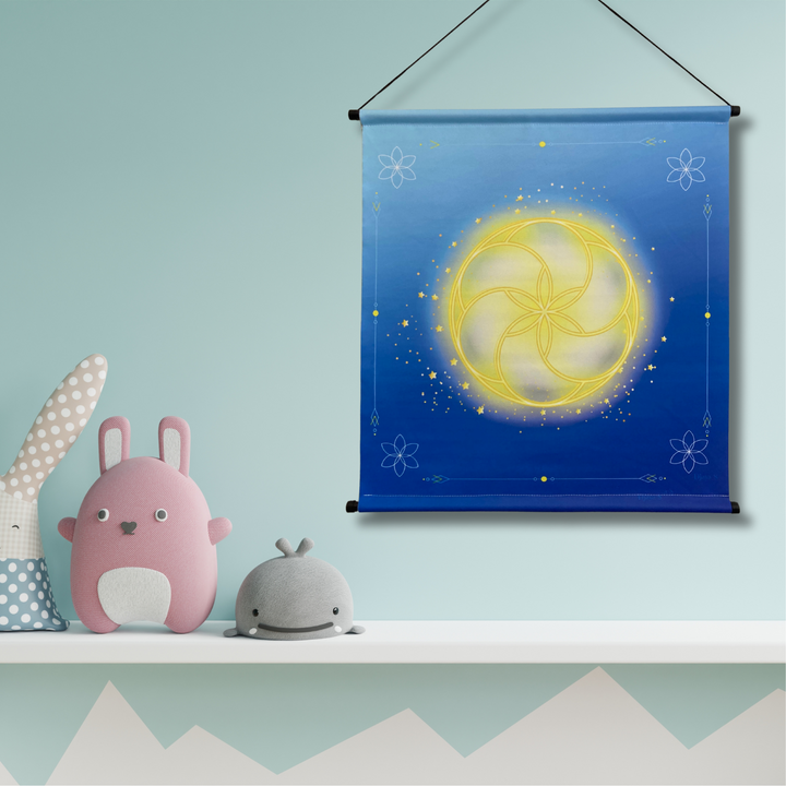 Tenture murale Graine de vie bleu géométrie sacrée avec attache incluse