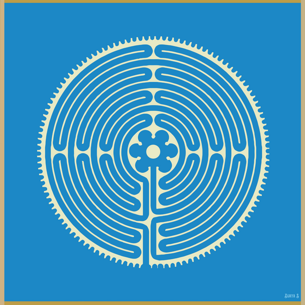 Tenture murale labyrinthe Chartres bleu géométrie sacrée avec attache incluse