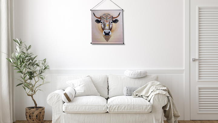 Tenture murale animal totem Vache Sacrée livrée avec attache murale