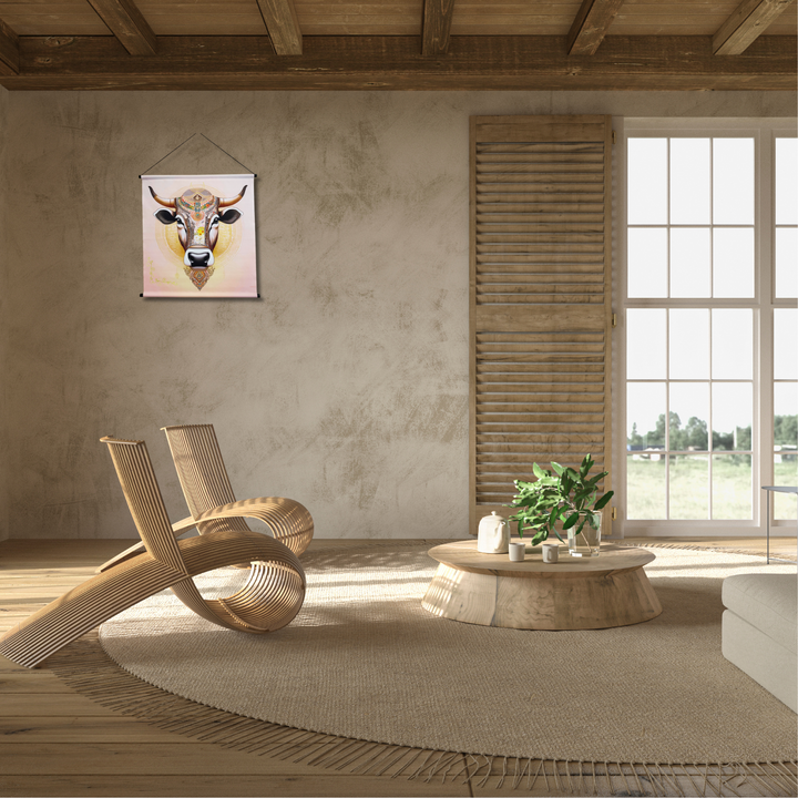 Tenture murale animal totem Vache Sacrée livrée avec attache murale